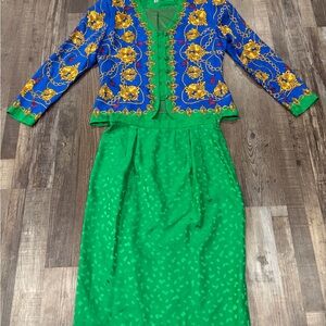 Elegant Green and Blue Women's Skirt Suit
